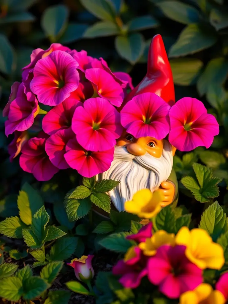 A whimsical garden gnome statue peeking out from behind a vibrant cluster of blooming petunias in a well-maintained garden bed, adding a touch of playful charm to the outdoor space.