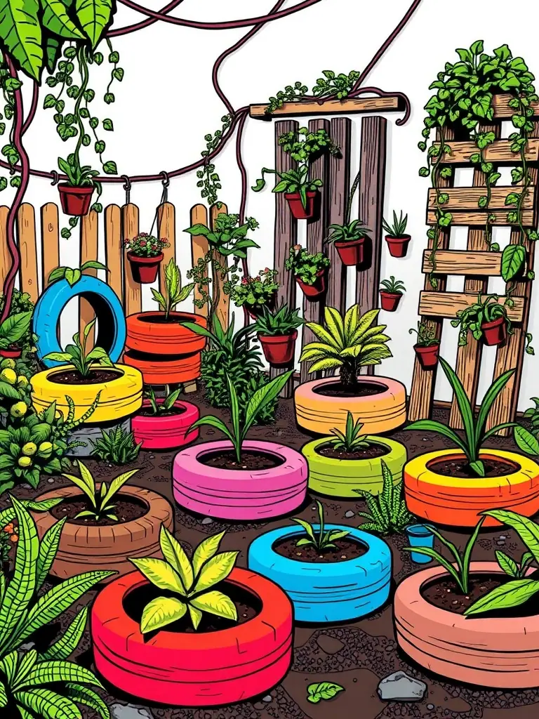 A garden decorated with repurposed and upcycled materials, such as old tires turned into planters and wooden pallets used for vertical gardening.