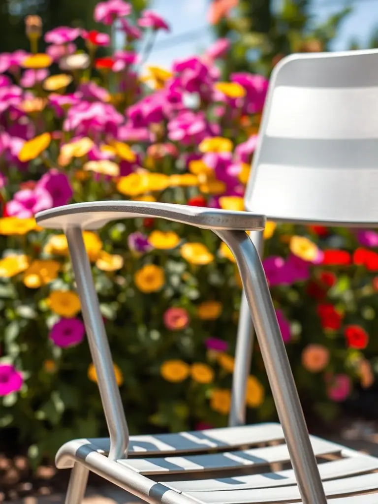 A close-up of a lightweight aluminum garden chair, highlighting its rust-resistant finish and ergonomic design, placed on a sunny patio with a view of a vibrant flower garden.