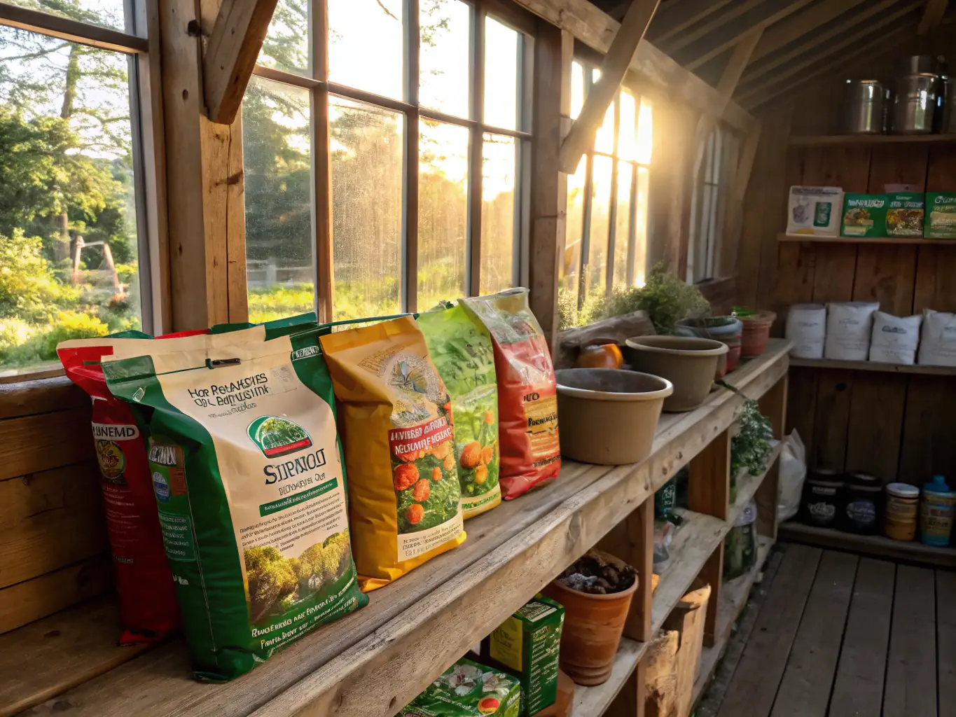 A visually appealing display of organic soil enhancers and fertilizers, showing bags of compost, plant food, and other soil amendments, emphasizing the importance of healthy soil for plant growth.