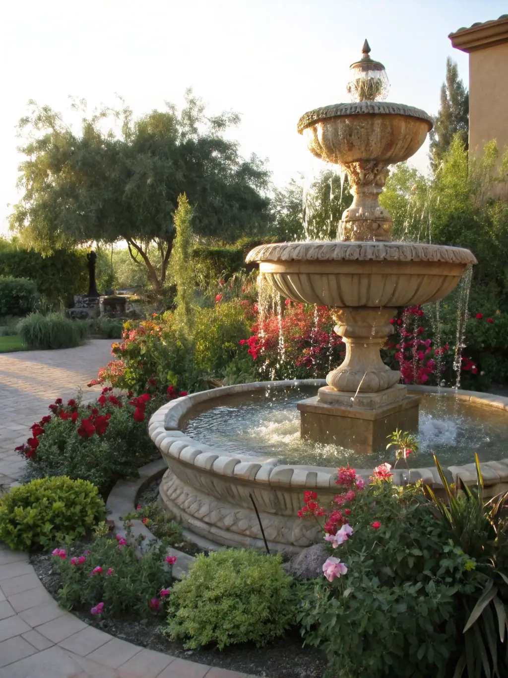 A serene water fountain cascading into a stone basin surrounded by lush greenery and smooth river rocks, creating a tranquil and meditative atmosphere in a peaceful garden corner.