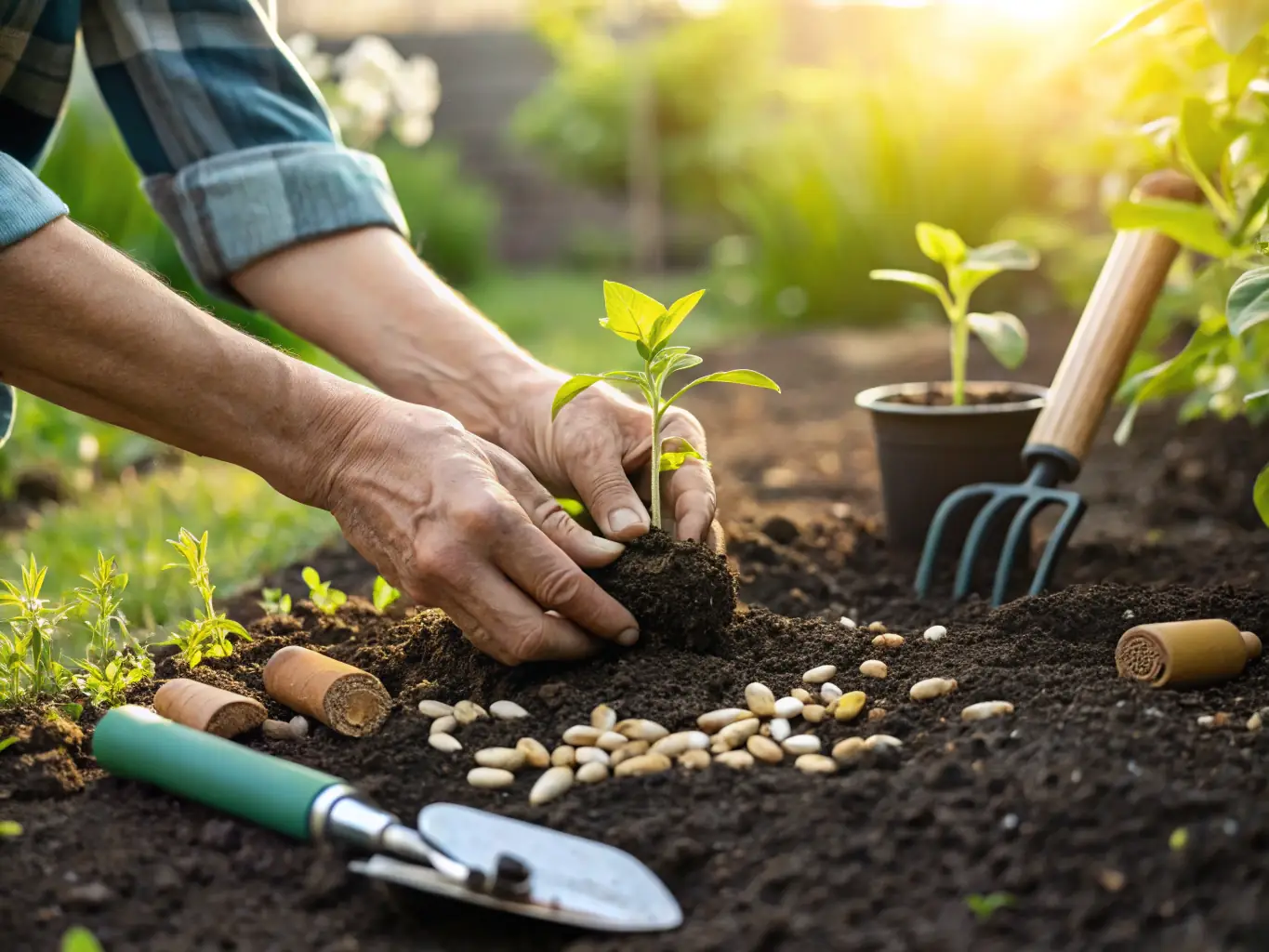 A close-up shot of a gardener's hands using a high-quality trowel to plant seedlings in rich, dark soil, showcasing the precision and care involved in gardening.