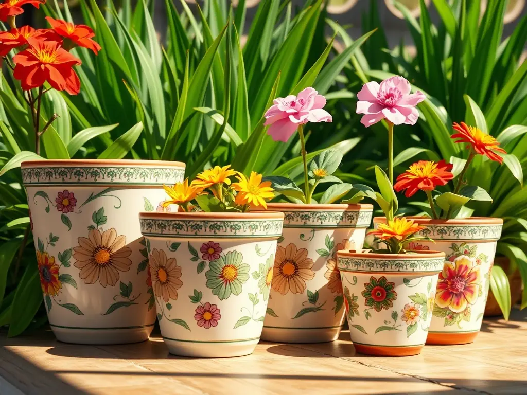 A collection of stylish terracotta pots, decorative garden gnomes, and weather-resistant outdoor cushions arranged on a stone bench, showcasing a variety of decorative accents that add personality and charm to any garden space.