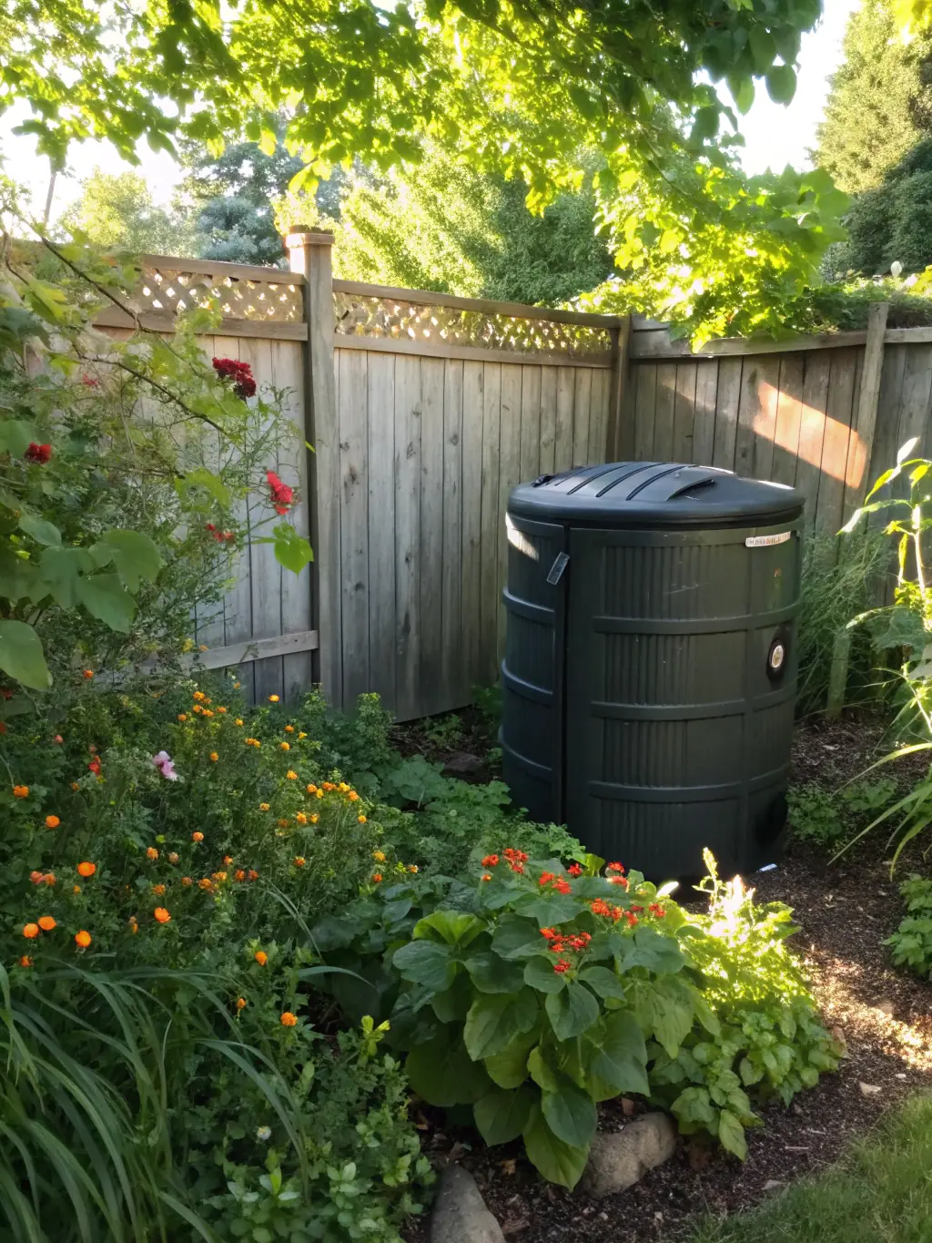 A vibrant image of a compost bin filled with organic waste, surrounded by lush greenery, illustrating the benefits of composting for soil health.