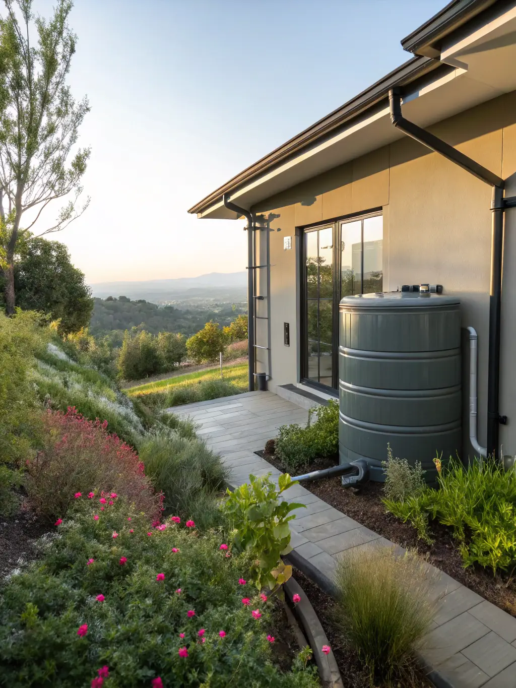 A garden featuring a rainwater harvesting system, with plants thriving on collected rainwater.