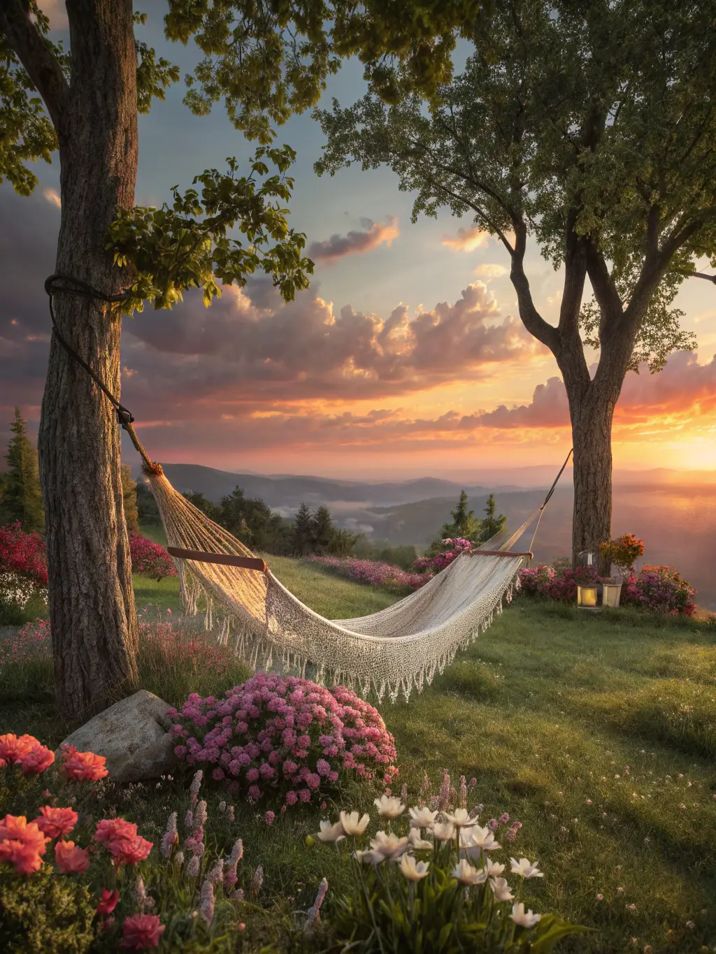 A cozy hammock strung between two mature trees, with soft cushions and a throw blanket, creating a relaxing and inviting space for lounging in a peaceful garden setting.