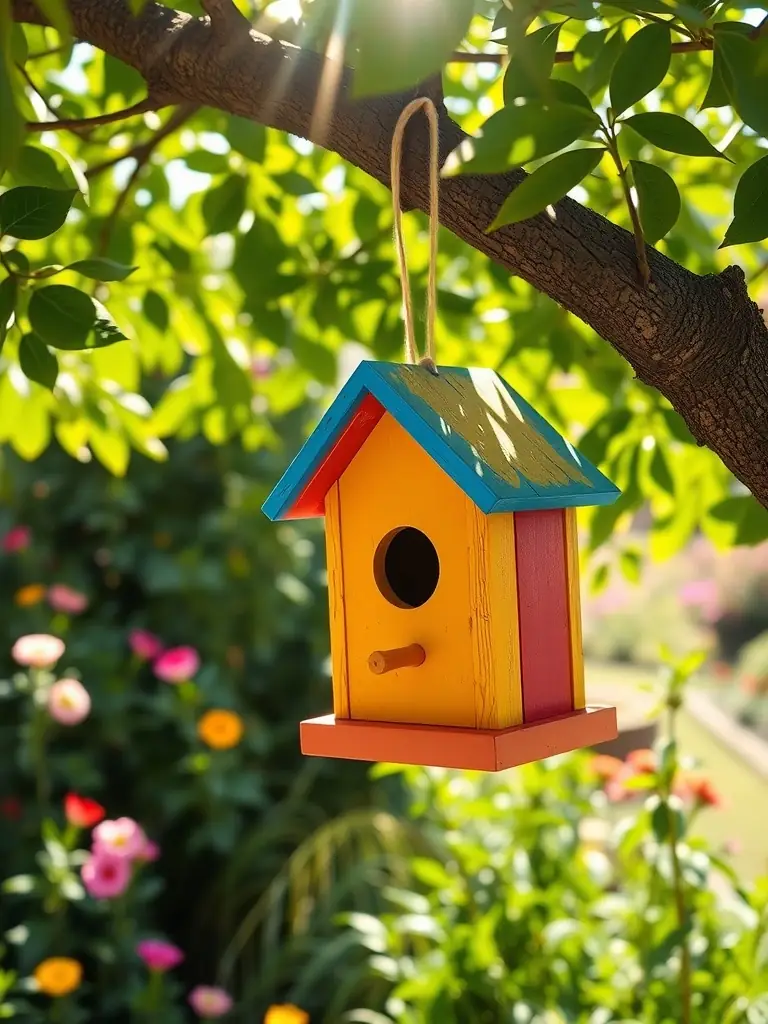 A rustic wooden birdhouse mounted on a weathered post, surrounded by climbing vines and colorful wildflowers, creating a cozy haven for local birds in a natural garden setting.