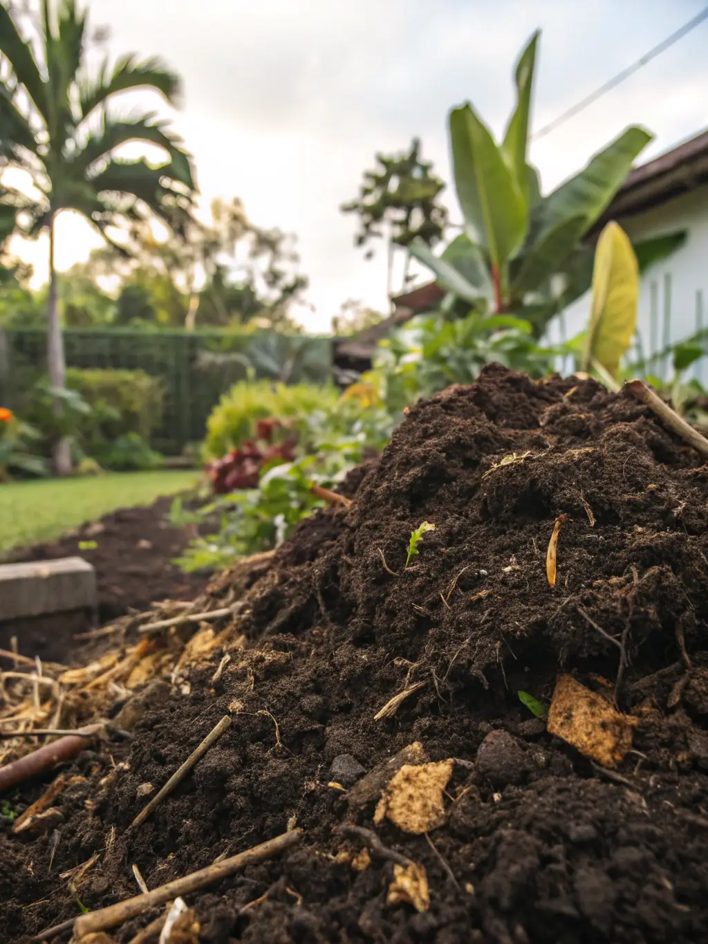 A close-up shot of a thriving compost bin in a garden, showcasing the decomposition process and rich soil.