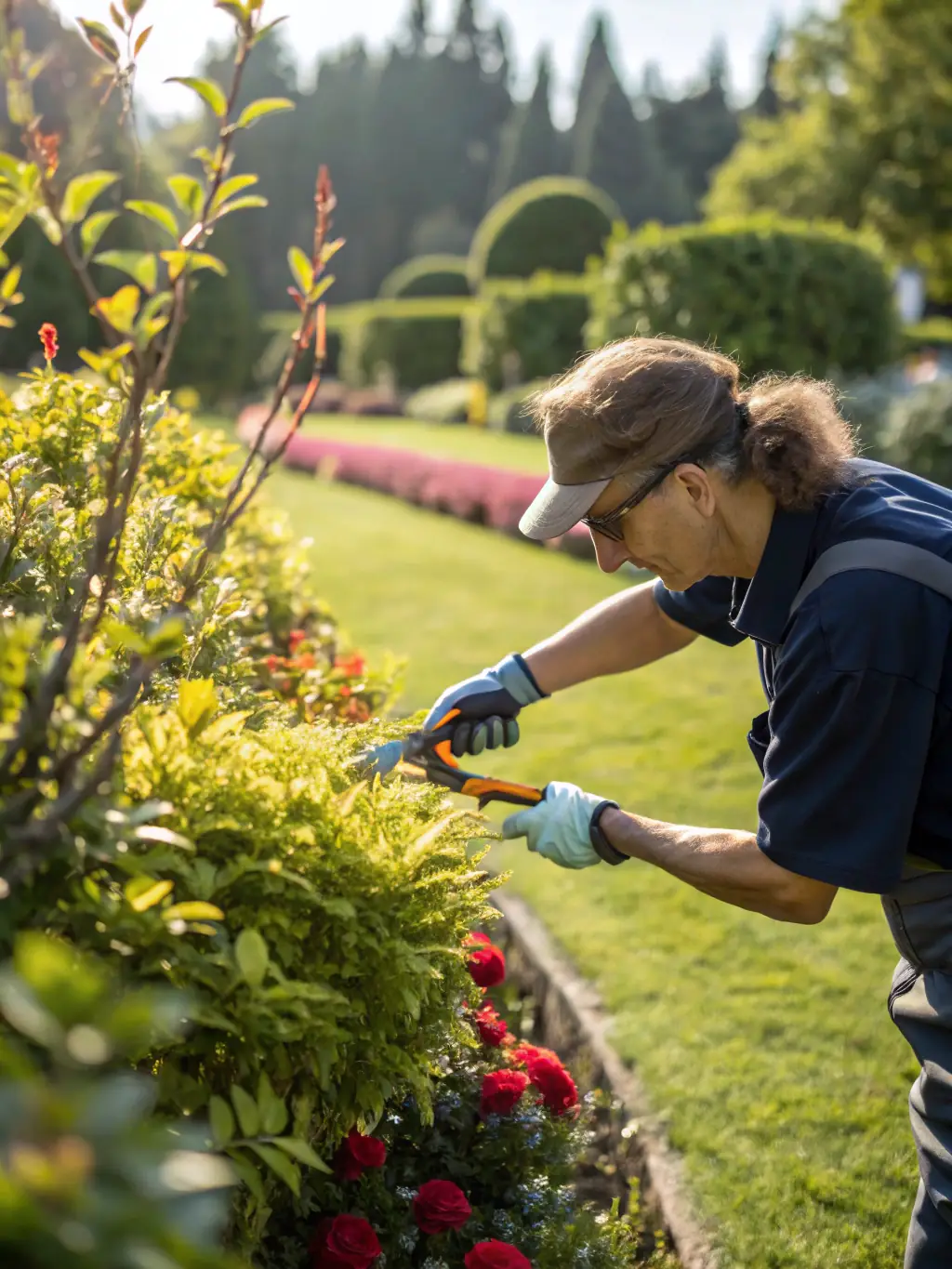 A close-up shot of a gardener's hands carefully pruning a rose bush, showcasing the attention to detail and care involved in gardening.