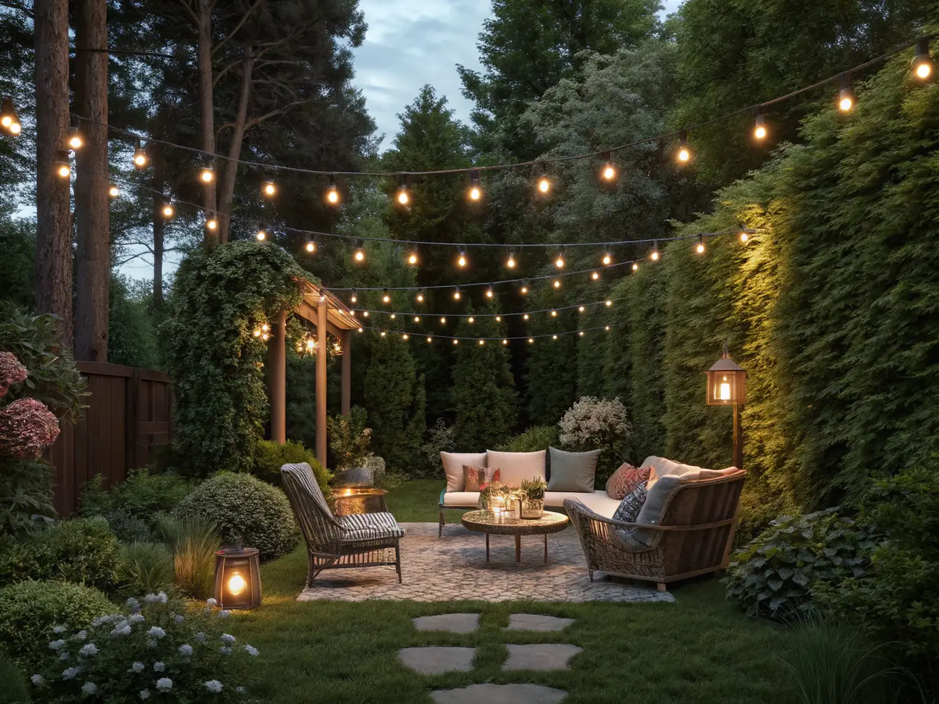 A cozy garden nook with string lights, comfortable seating, and lush potted plants, creating a warm and inviting atmosphere.