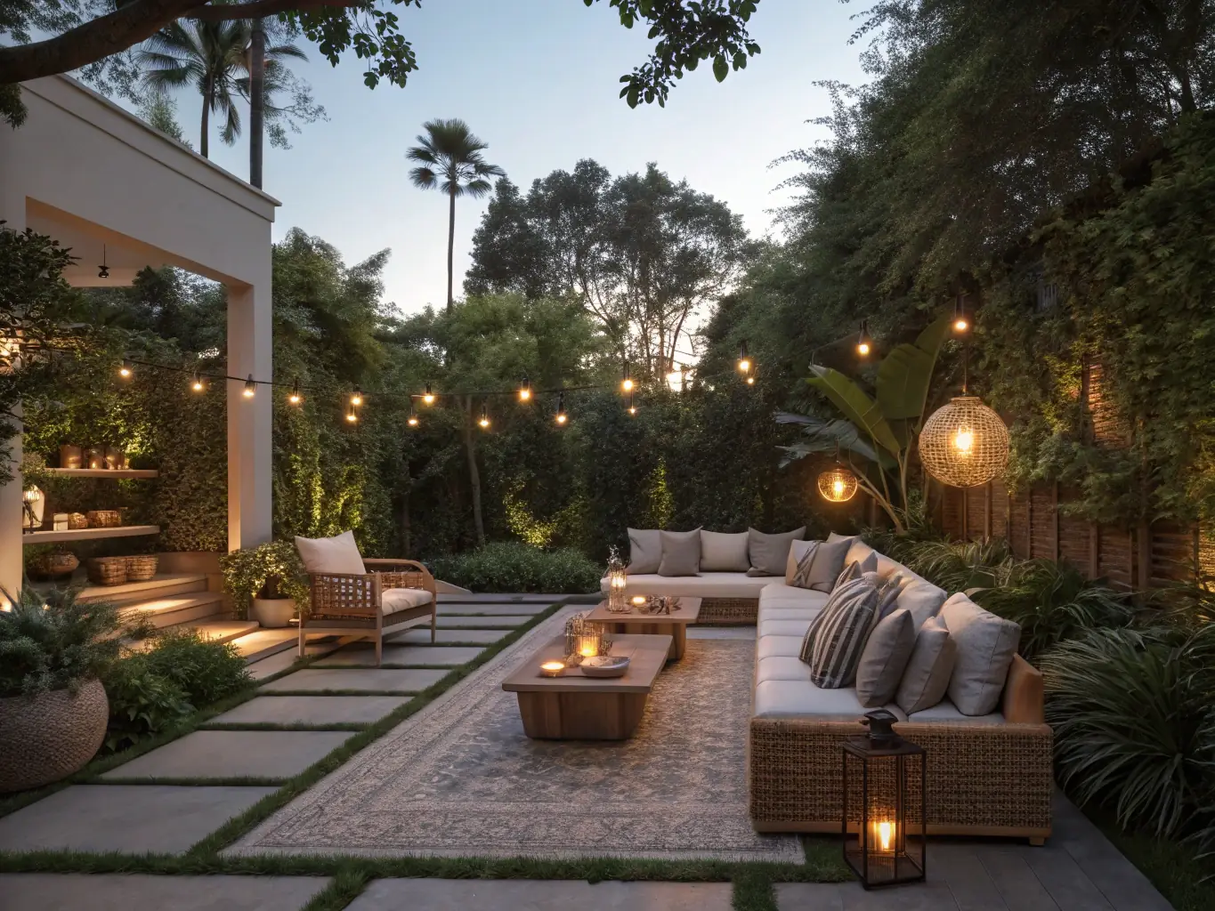 A beautifully arranged patio setting with comfortable outdoor furniture, including a wicker sofa, a wooden coffee table, and potted plants, all illuminated by soft, ambient lighting, showcasing a harmonious blend of indoor comfort and outdoor serenity.