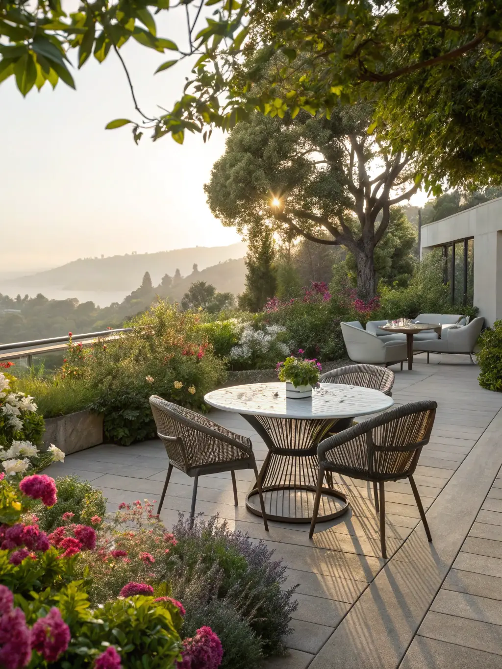 A stylish outdoor dining set made of weather-resistant wicker, placed on a patio with colorful cushions and a table setting, illustrating a comfortable and inviting dining experience.