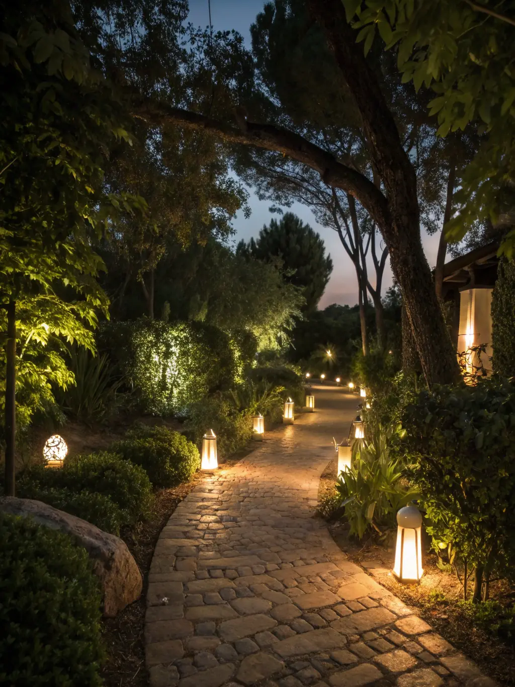 A set of elegant solar-powered lanterns illuminating a stone pathway through a lush garden at dusk, creating a warm and inviting ambiance for evening strolls.