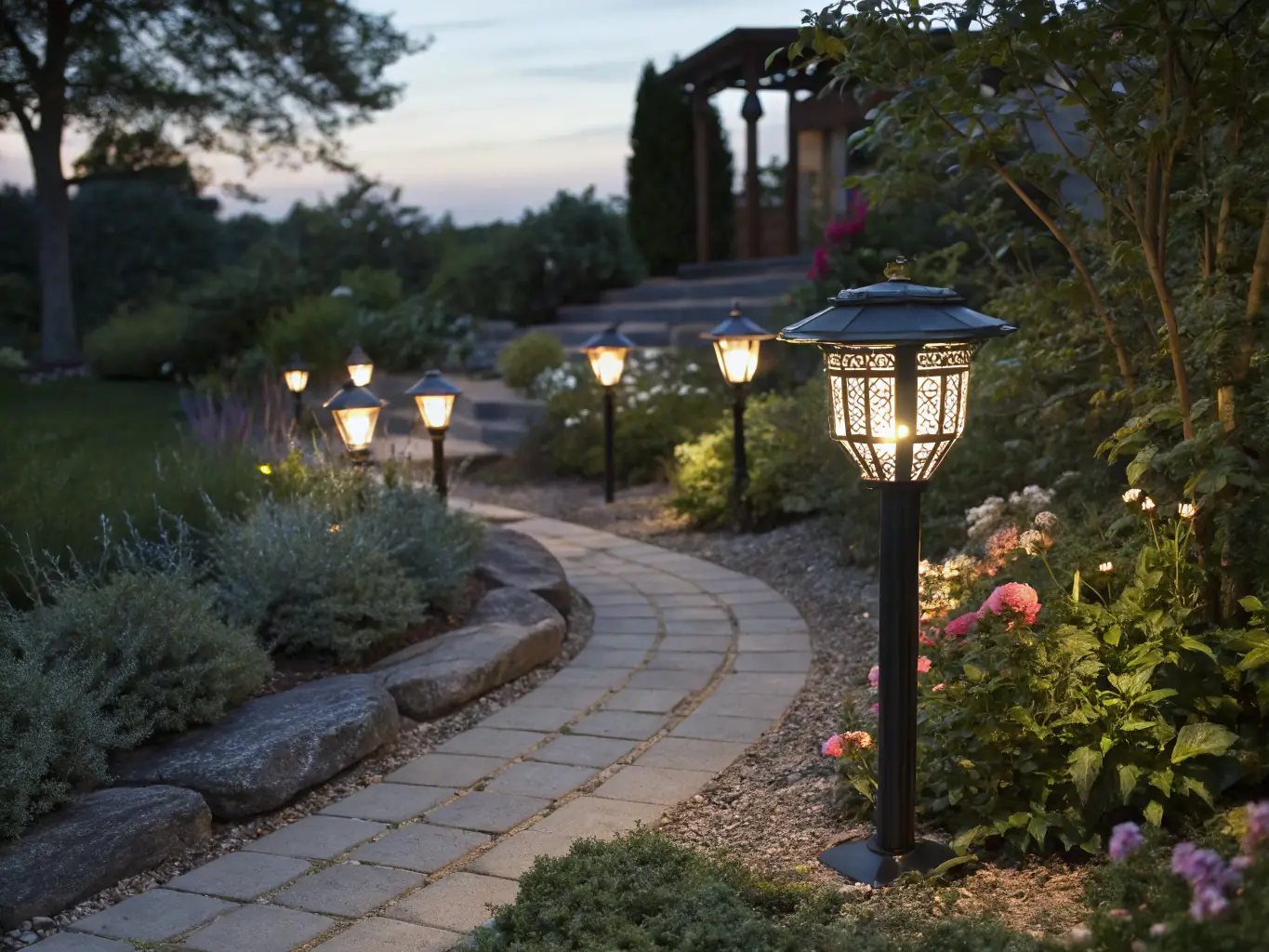 A close-up shot of decorative garden lanterns and string lights illuminating a lush garden pathway at dusk, highlighting the warm and inviting ambiance created by thoughtful outdoor lighting.